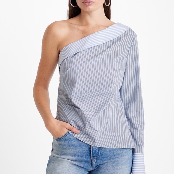 EXPRESS Poplin Striped One Shoulder Draped Top - Picture 1 of 8